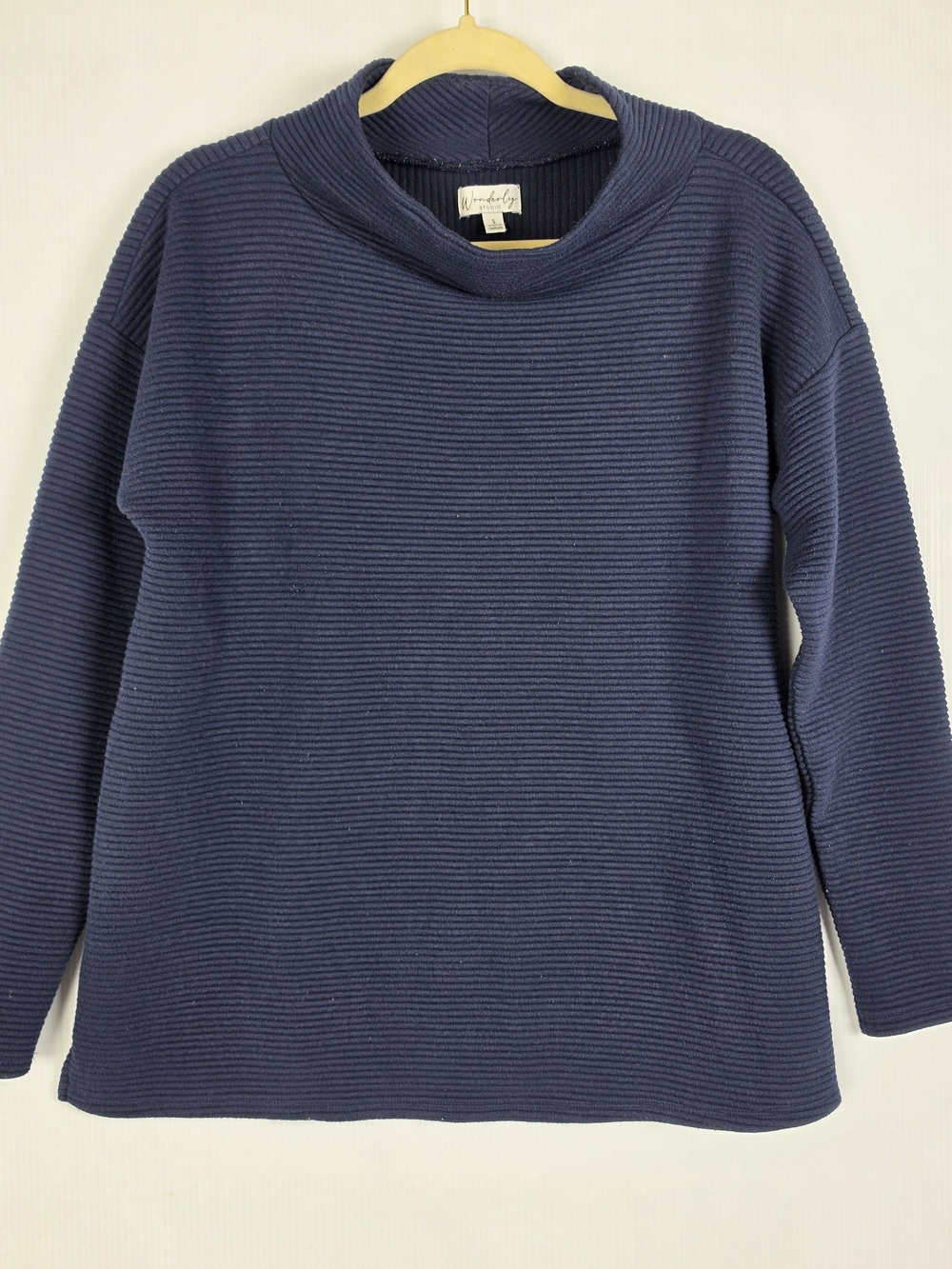 Wonderly Navy Ribbed Cowl-Neck Sweater